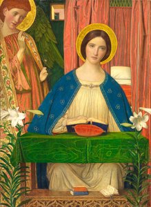 Annunciation (tempera, jossa kultalehti kohotetulla työstetyllä gessolla puupaneelilla) tekijältä Arthur Joseph Gaskin