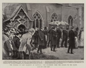Lady Salisburyn hautajaiset Hatfieldissä, kulkue kirkosta haudalle (litho)