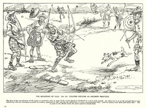 Golfin alku, golfarit häiritsevät jousiammuntaharjoitusta (litografia) tekijältä Arthur Moreland