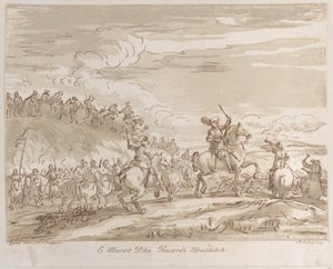 Ratsuväki etenee hyökkäykseen, jossa keskeinen hahmo hevosen selässä nostamassa miekkaa, 1735, 1735.