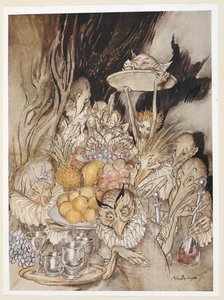 ACT III: Kohtaus III, rivi 19 Syötä useita outoja muotoja ja tuo juhlaan... kutsua kuningas jne syömään. tekijältä Arthur Rackham