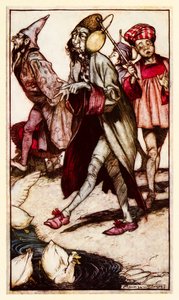 Laputialainen herrasmies kävelyllä Jonathan Swiftin Gulliversin matkoissa (osa III: Matka Laputaan jne.). tekijältä Arthur Rackham