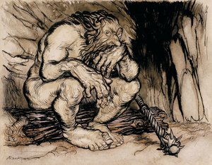 A Most Terrific Giant, kuvitus Englannin saduista, julkaistu 1918 (kynä & muste ja wc paperilla) tekijältä Arthur Rackham