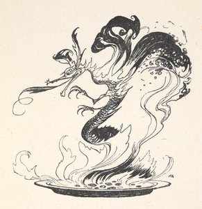 Lohikäärme nousemassa palavan rahan lautaselta tekijältä Arthur Rackham
