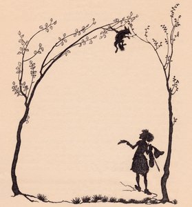 Kettu sidottu tassuistaan kahteen hasselpuuhun. Arthur Rackhamin kuvitus Grimm