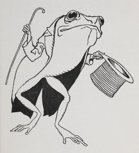 Sammakko, jolla on silinteri ja hännät, kantaa keppiä. tekijältä Arthur Rackham