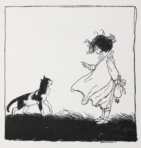 Tyttö, jolla on nukke, kertoo kissastaan. tekijältä Arthur Rackham