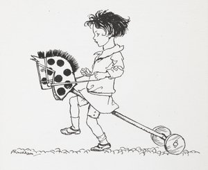 Pieni tyttö leluharrastushevosella. tekijältä Arthur Rackham