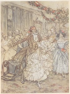 Seurue, joka pelaa sokean miehen bluffia. Mies, jolla on sidottu sokea, jahtaa naista röyhelössä tekijältä Arthur Rackham