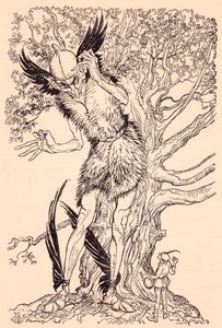 Kauhea kaveri puolet niin suuri kuin puu, jonka vieressä hän seisoi. Arthur Rackhamin kuvitus Grimmin sadusta Henki lasipullossa. tekijältä Arthur Rackham