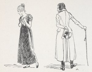 Nuori pari riitelee, nainen kääntyi pois ja puristi nenäliinaa rintaansa vasten tekijältä Arthur Rackham
