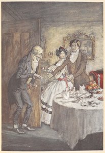 Nuori mies ja nainen toivottavat Scroogen tervetulleeksi aterialle ruokasalissaan tekijältä Arthur Rackham
