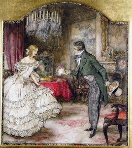 Nuori mies esittelee kimpun tytölle, joka seisoo olohuoneessa (wc, kynä ja muste paperilla) tekijältä Arthur Rackham