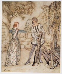 Alas, nyt, rukoile, älä tee niin kovasti töitä, kuvitus William Shakespearesin Myrsky, pub. 1926 tekijältä Arthur Rackham