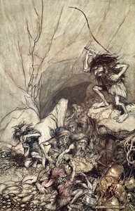 "Alberich ajaa nibelungien joukossa kulta- ja hopeaaarteineen", 1910. tekijältä Arthur Rackham