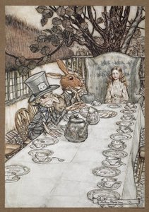 Liisa Hullun Hatuntekijän teekutsuissa maaliskuun jänisen, makuuhiiren ja hullun hatuntekijän kanssa tekijältä Arthur Rackham