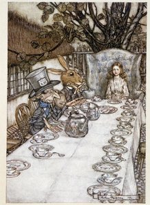 Alice vie "" tyhmissä""" (Hatuntekijä ja Mars Lievre) - "" Liisa ihmemaassa seikkailut"", Lewis Carroll, ill. Kirjailija: Arthur Rackham (1867-1939) tekijältä Arthur Rackham