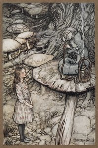 Alice puhuu toukalle, joka istuu sienellä ja polttaa piippua tekijältä Arthur Rackham
