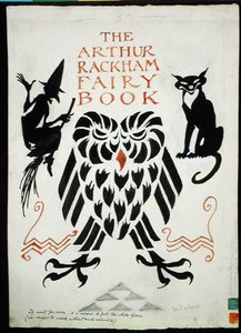 Pöllö, noita ja hänen kissansa, vuonna 1933 julkaistun Arthur Rackham Fairy Bookin etukansi (kynä ja muste vesivärillä, vartaloväri ja kynä paperille) tekijältä Arthur Rackham