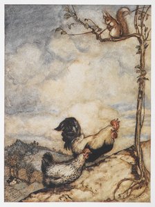 Kuva kanasta, kukosta ja oravasta Chanticleerin ja Partletin seikkailuista. tekijältä Arthur Rackham