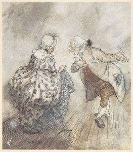 Vanha pariskunta juhlavaatteissa tanssimassa tekijältä Arthur Rackham