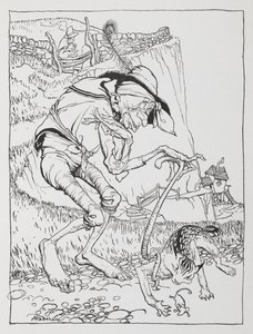 Vanha kiero mies vino kissansa ja kiero talonsa kanssa. tekijältä Arthur Rackham