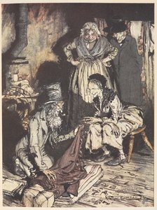 Vanha perhe talossaan, jossa mies tarjosi heille verhoja tekijältä Arthur Rackham