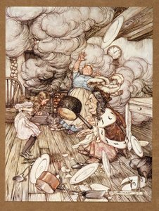 Epätavallisen suuri kattila lensi sen läheltä ja melkein vei sen mukanaan, Lewis Carrollin teoksesta Alicen seikkailut ihmemaassa, julkaisu 1907. tekijältä Arthur Rackham