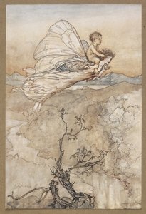... Ja hänen keijunsa lähetti kantamaan hänet majaani keijumaahan. Keiju lensi pois Changlingin kanssa. Kohtaus Kesäyön unelmasta. tekijältä Arthur Rackham