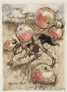 Apples Came Tumbling about my Ears, Jonathon Swiftin (1667 - 1745) Gulliversin matkat, julkaisu. 1909 tekijältä Arthur Rackham