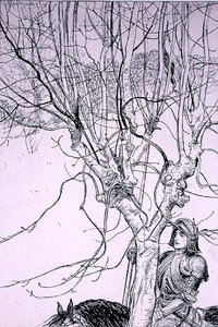 "As I lay thynkynge, hän ratsasti tiellään", kuvitus Thomas Ingoldsbyn teoksesta "The Ingoldsby Legends, or Mirth and Marvels", julkaistu 1898 (kynä ja muste paperille) tekijältä Arthur Rackham