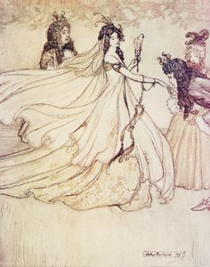 Ashenputtel lähtee tanssiaisiin, Grimmin veljesten saduista, pub. 1909 tekijältä Arthur Rackham