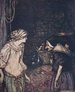 Lopulta hän saapui kellariin, ja sieltä hän löysi vanhan, vanhan naisen, jolla oli päätä pudistava..., Grimm-veljesten saduista, pubista. 1909 tekijältä Arthur Rackham