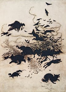 Kolmannesta pistosta kettu kiljui ja häntänsä meni jalkojensa väliin .. , teoksesta Grimmin veljesten sadut, kustantamo: The Fairy Tales of the Brothers Grimm. 1909