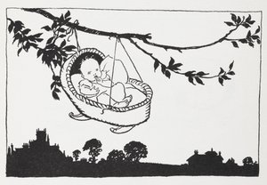 Vauva oksasta riippuvassa pinnasängyssä. tekijältä Arthur Rackham