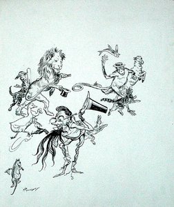 "Linnut, pedot ja kalat kiiruhtivat ohi hämmentävän suuren massan", kuvitus teoksesta "The Zankiwank and the Bletherwitch", kirjoittanut S.J. Adair Fitzgerald, julkaistu 1896 (kynä ja muste paperille) tekijältä Arthur Rackham