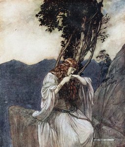Brünnhilde suutelee sormusta, jonka Siegfried on jättänyt hänelle. Kuvitus Siegfriedille ja Twille tekijältä Arthur Rackham