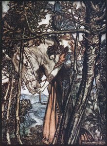 Brünnhilde ohjaa hevosta suitsista. Kuvitus Richan teoksiin The Rhinegold ja The Valkyrie tekijältä Arthur Rackham
