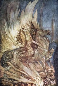 Brünnhilde Granella hyppää Siegfriedin hautaustornille. Kuvitus Siegfriedistä ja The Tw:stä tekijältä Arthur Rackham