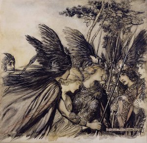 Brunnhilde rukoilee valkyyrioita, kuvitus teoksesta The Rhinegold and the Valkyrie, kirjoittanut Richard Wagner, painos julkaistu 1910 (kynä, muste ja wc paperilla) tekijältä Arthur Rackham