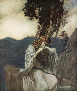 "Brunnhilde suutelee sormusta, jonka Siegfried on jättänyt hänelle", 1924. tekijältä Arthur Rackham