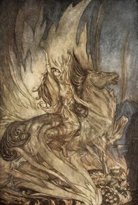Brunnhilde on Grane hyppää Siegfriedin hautajaispyrstölle, kuva elokuvasta "Siegfried and the Twilight of the Gods" tekijältä Arthur Rackham