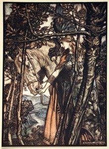"Brunnhilde johdattaa hevosensa hitaasti ja hiljaa luolaan menevää polkua pitkin", 1910. tekijältä Arthur Rackham