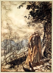 "Brunnhilde seisoo pitkään hämmentyneenä ja huolestuneena", 1910. tekijältä Arthur Rackham