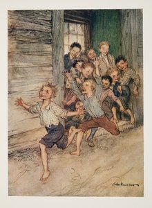 Purskahtelee esiin kuin legioona nuoria immeisiä , Washngton Irvingin (1783 - 1859) teoksesta The Legend of Sleepy Hollow (Unisen kolkan taru), julkaisu. 1928 tekijältä Arthur Rackham