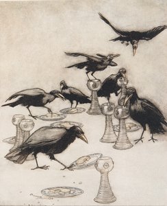 Mutta he sanoivat yksi toisensa jälkeen Halloa! Kuka on syönyt lautaseltani? Kuka on juonut kupistani?" Grimmin veljesten saduista, pub. 1909 tekijältä Arthur Rackham