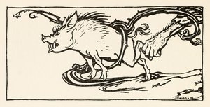 Carl pyydystää villisian illallisekseen, kirjasta The Carl of the Drab Coat in Irish Fairy Tales (Irlantilaiset sadut). tekijältä Arthur Rackham