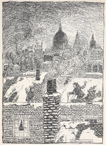Lapset leikkivät katoilla lumessa yöllä, St. Paulin kupoli kaukana. tekijältä Arthur Rackham