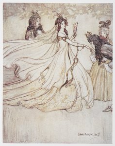 Tuhkimo (Aschenputtel) juhlamekossa. tekijältä Arthur Rackham