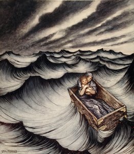 Danae taputti lastaan tiiviisti, kuvitus Nathaniel Hawthornen "Ihmekirjasta tytöille ja pojille" tekijältä Arthur Rackham